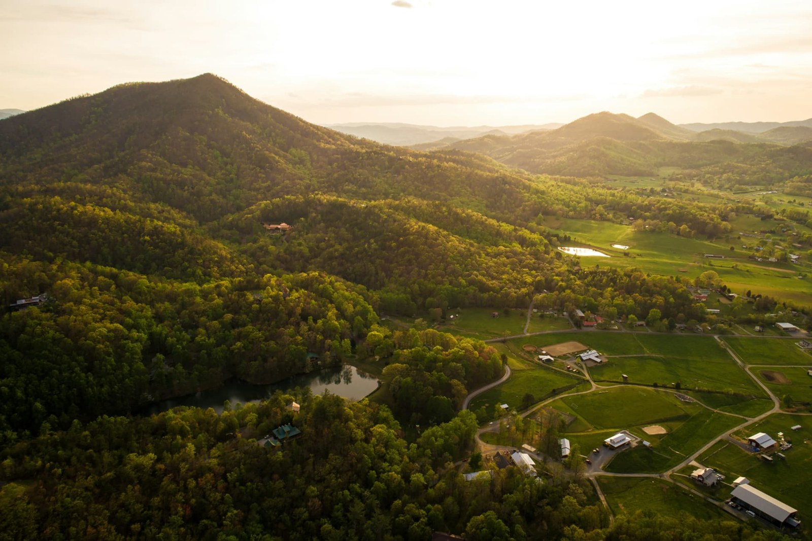 Aerial view of wooded hills and homes in Middle Tennessee
